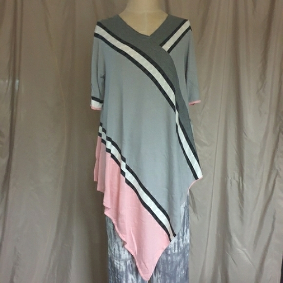 NY Collection Pink & Grey Strip Short Sleeve Asymmetrical Sweater Poncho Sz Md - Picture 15 of 15